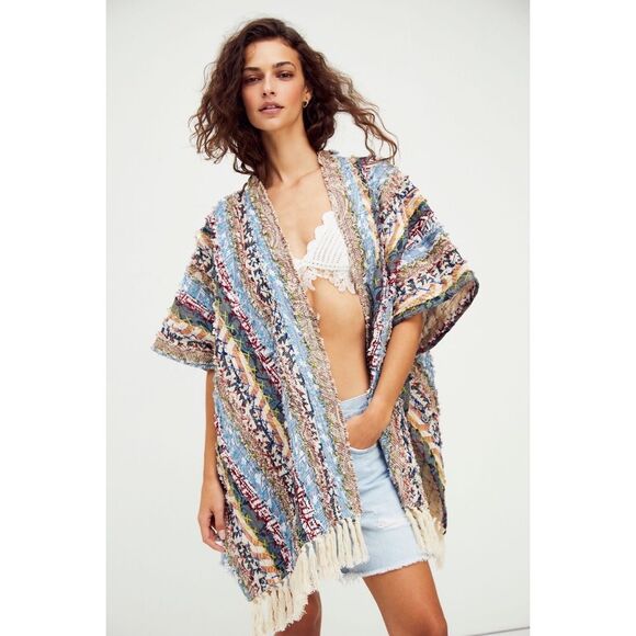 Free People Now & Then Upcycled Patchwork Poncho DusterKimono Jacket $168 OS